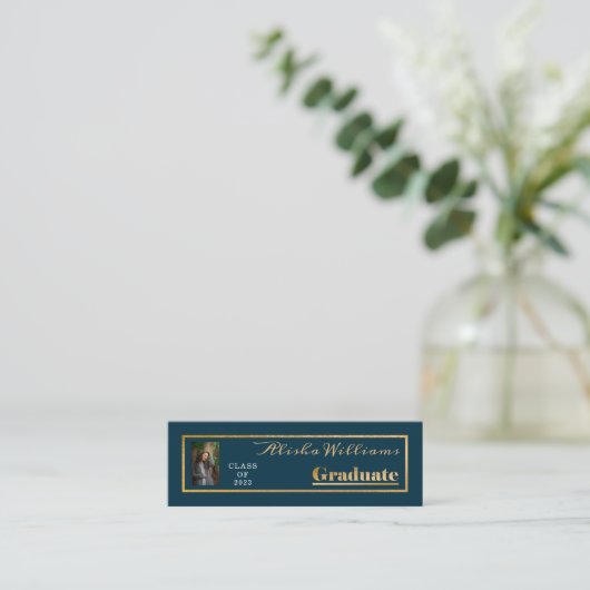 Classy Elegant Gold Text Afstuderen Foto Dk Blauwg Mini Visitekaartje (Staand voorkant)