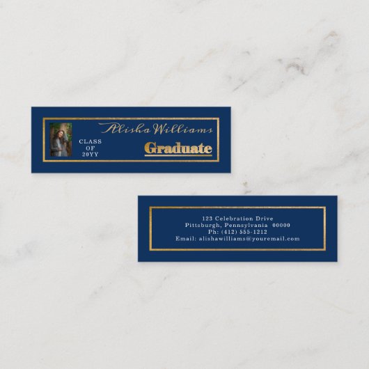 Classy Elegant Gold Text Afstuderen Foto Dk Blue Mini Visitekaartje (Voorkant / Achterkant)