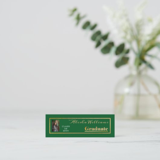 Classy Elegant Gold Text Afstuderen Foto groen Mini Visitekaartje (Staand voorkant)