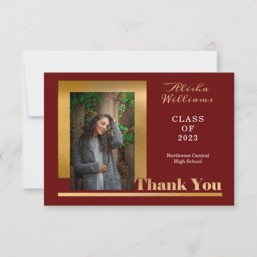 Classy Elegant Gold Text Afstuderen Foto Maroon Bedankkaart (Voorkant)
