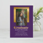 Classy Elegant Gold Text Afstuderen Foto Paars Aankondiging (Staand voorkant)