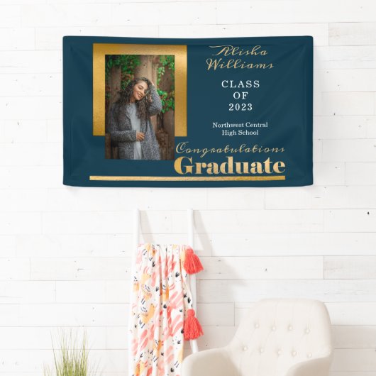Classy Elegant Gold Text Afstuderen Foto Spandoek (Insitu)