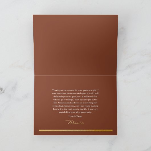 Classy Elegant Gold Text Afstuderen Foto Terracott Bedankkaart (Binnen)