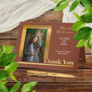 Classy Elegant Gold Text Afstuderen Foto Terracott Bedankkaart