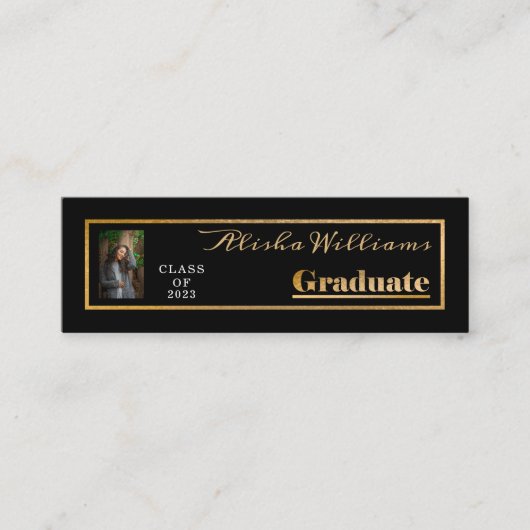Classy Elegant Gold Text Afstuderen Foto zwart Mini Visitekaartje (Voorkant)