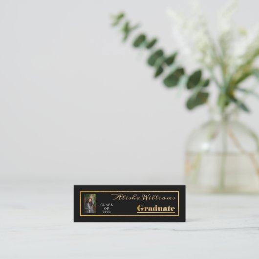 Classy Elegant Gold Text Afstuderen Foto zwart Mini Visitekaartje (Staand voorkant)
