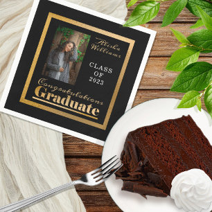 Classy Elegant Gold Text Afstuderen Foto zwart Servet