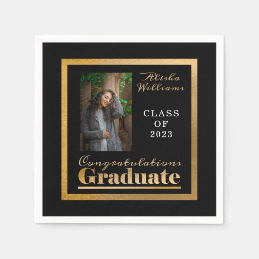 Classy Elegant Gold Text Afstuderen Foto zwart Servet (Voorkant)
