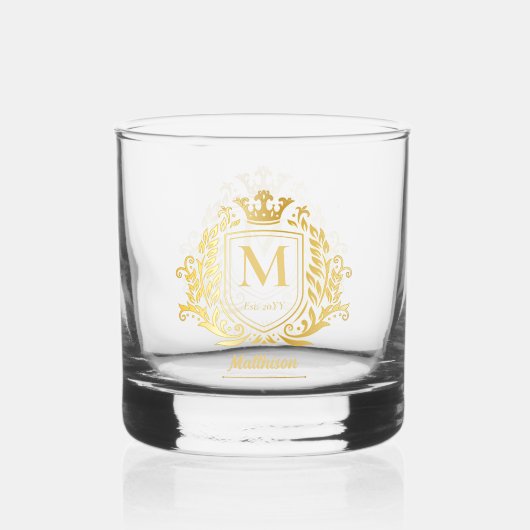 Classy Elegant Gouden Toon Monogram Familie Shield Whisky Glas (Achterkant)