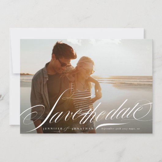 Classy Elegant Marine Blauw Wit Kalligrafie Foto Save The Date (Voorkant)