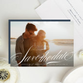 Classy Elegant Marine Blauw Wit Kalligrafie Foto Save The Date