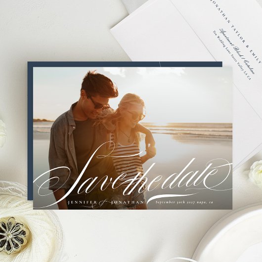 Classy Elegant Marine Blauw Wit Kalligrafie Foto Save The Date