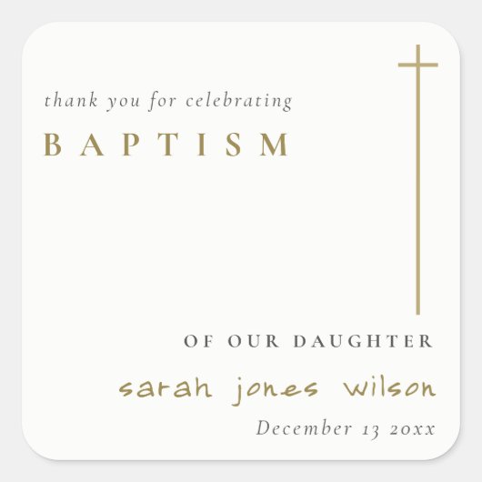 Classy Elegant Minimal Gold Typography Baptisme Vierkante Sticker (Voorkant)