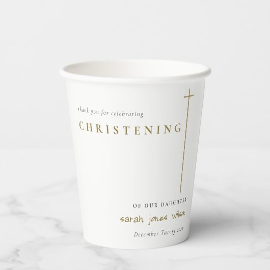 Classy Elegant Minimal Gold Typography Christening Papieren Bekers (Achterkant)