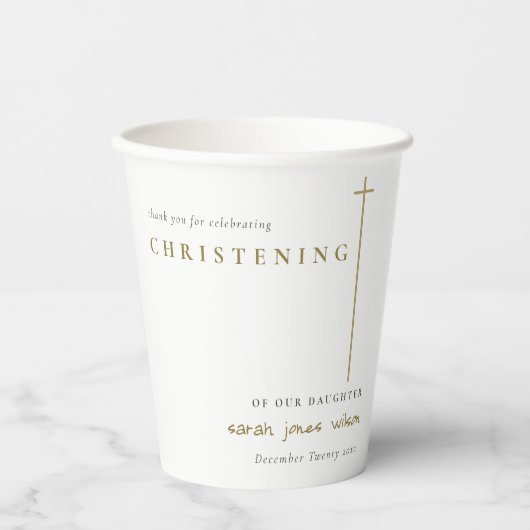 Classy Elegant Minimal Gold Typography Christening Papieren Bekers (Voorkant)