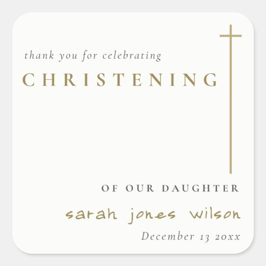 Classy Elegant Minimal Gold Typography Christening Vierkante Sticker (Voorkant)