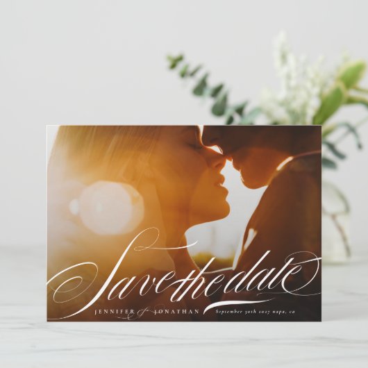 Classy Elegant Navy Blue Calligraphy QR Code Photo Save The Date (Staand voorkant)