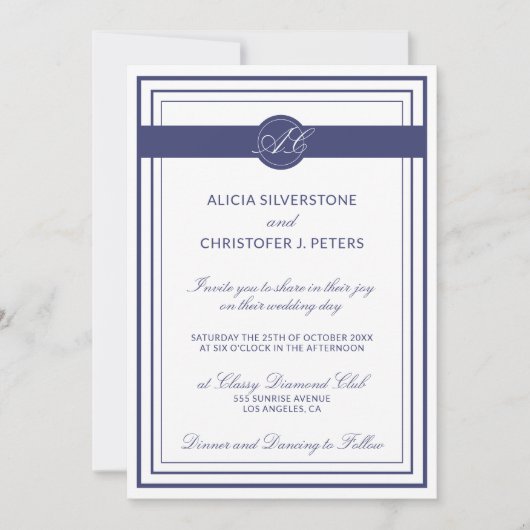 Classy Elegant Navy Wit Monogrammed Bruiloft Kaart (Voorkant)