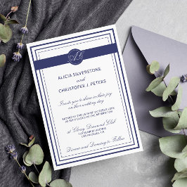 Classy Elegant Navy Wit Monogrammed Bruiloft Kaart