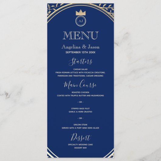 Classy Elegant Royal Blue en Gold Floral Wedding Menu (Voorkant)