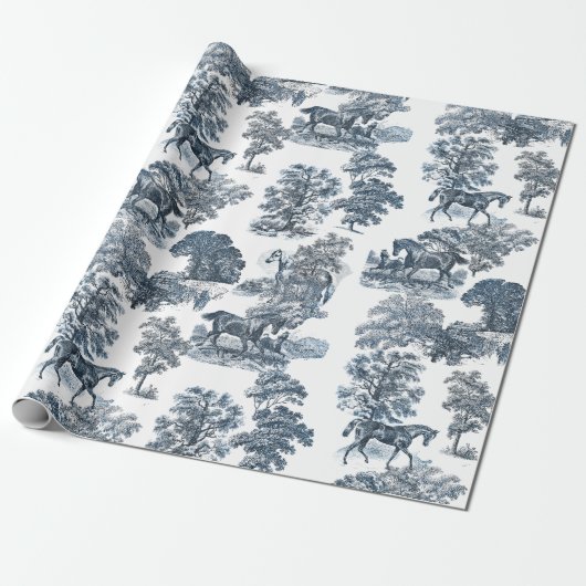 Classy Elegant Rustic Blue Horses Country Toile Cadeaupapier (Uitgerold)