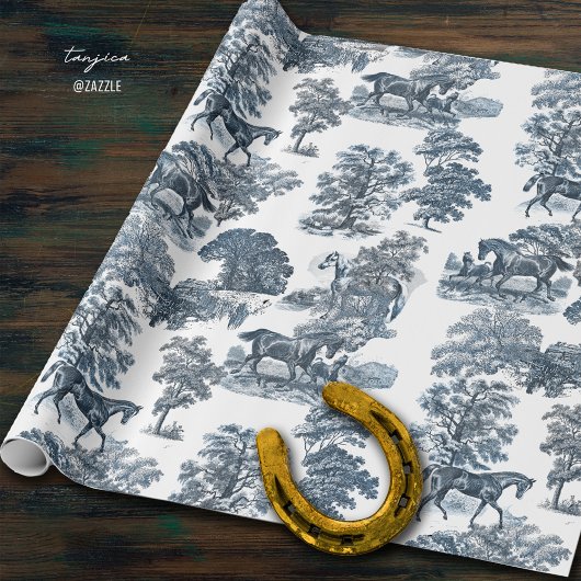Classy Elegant Rustic Blue Horses Country Toile Cadeaupapier