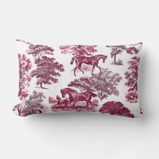 Classy Elegant Rustic Magenta Red Toile Horses Kussen (Voorkant)
