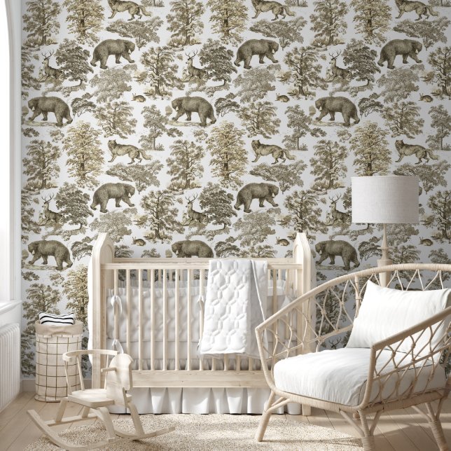 Classy Elegant Rustiek Beige Bos Dieren Toile Behang (Kinderen)