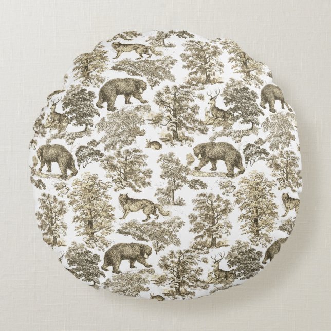Classy Elegant Rustiek Beige Bos Dieren Toile Rond Kussen (Voorkant)