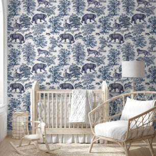Classy Elegant Rustiek Blauw Bos Dieren Toile Behang