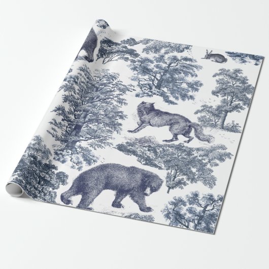 Classy Elegant Rustiek Blauw Bos Dieren Toile Cadeaupapier (Uitgerold)