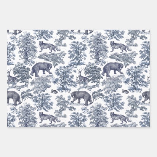 Classy Elegant Rustiek Blauw Bos Dieren Toile Inpakpapier Vel (Voorkant 3)