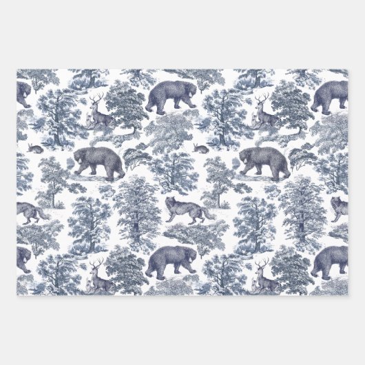 Classy Elegant Rustiek Blauw Bos Dieren Toile Inpakpapier Vel (Voorkant 2)