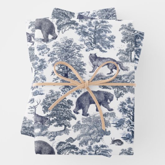 Classy Elegant Rustiek Blauw Bos Dieren Toile Inpakpapier Vel (In situ)