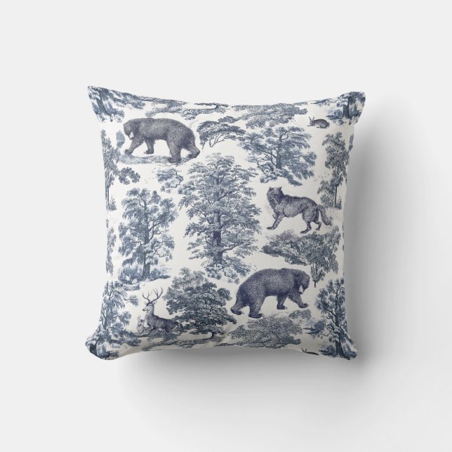 Classy Elegant Rustiek Blauw Bos Dieren Toile Kussen (Voorkant)