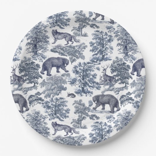 Classy Elegant Rustiek Blauw Bos Dieren Toile Papieren Bordje (Voorkant)