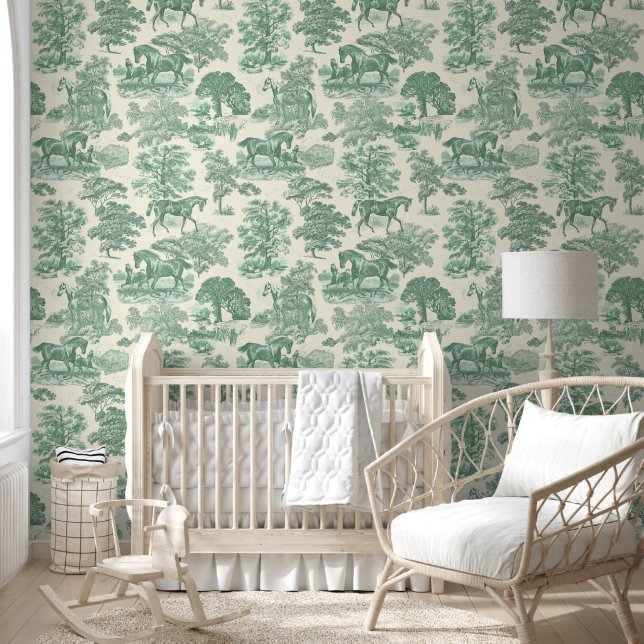 Classy Elegant Rustiek Sage Green Horse Toile Behang (Kinderen)