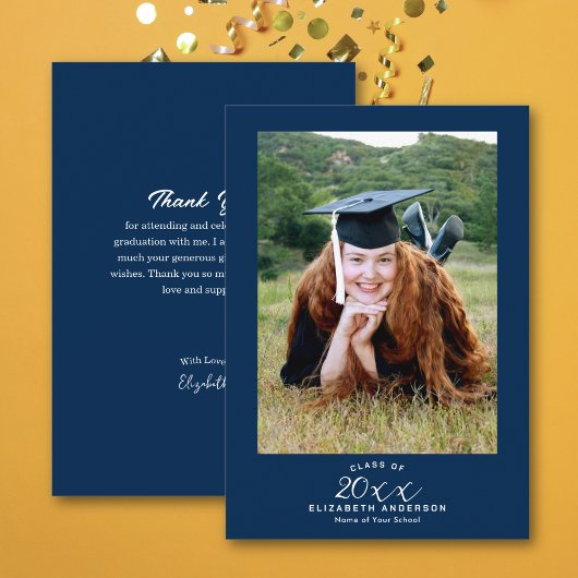 Classy Elegant Script Navy Blue Afstuderen Foto Bedankkaart