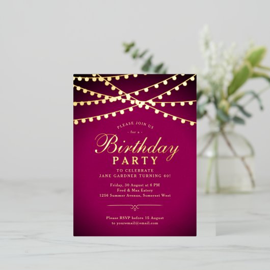 Classy Elegant String Lights 60e Verjaardagsfeestj Folie Uitnodiging Briefkaart (Staand Voorkant)