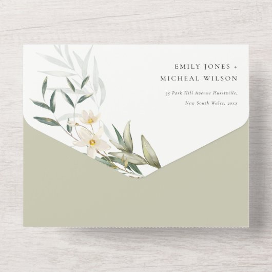 Classy Elegant White Greenery Floral Wedding All In One Uitnodiging (Achterkant)