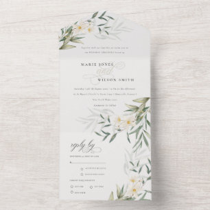 Classy Elegant White Greenery Floral Wedding All In One Uitnodiging