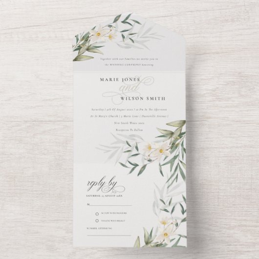Classy Elegant White Greenery Floral Wedding All In One Uitnodiging (Binnen)