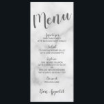 Classy Elegant Wit Marmer Bruiloft Menu<br><div class="desc">Classy Elegant Wit Marmer Bruiloft Menu Kaart met titel in grijs modern script lettertype met bruiloft menu details in grijs modern sans serif lettertype op witte marmeren achtergrond.</div>
