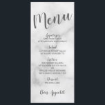 Classy Elegant Wit Marmer Bruiloft Menu<br><div class="desc">Classy Elegant Wit Marmer Bruiloft Menu Kaart met titel in grijs modern script lettertype met bruiloft menu details in grijs modern sans serif lettertype op witte marmeren achtergrond.</div>