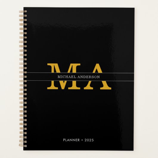 Classy Elegant Zwart Goud Monogram Aangepaste naam Planner (Voorkant)