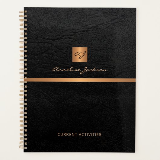 Classy elegant zwart ledergoud, monogegrammeerd planner (Voorkant)