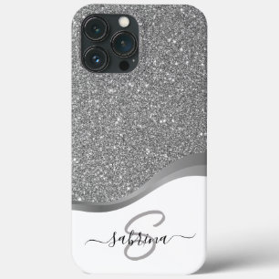 Classy Elegant Zwart Zilver Glitter Monogram Naam Case-Mate iPhone Case