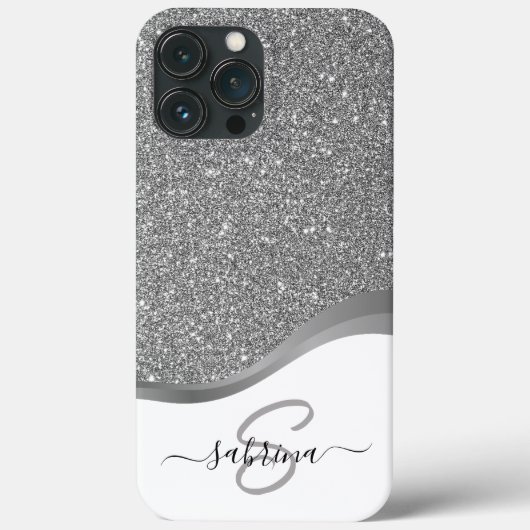 Classy Elegant Zwart Zilver Glitter Monogram Naam Case-Mate iPhone Case (Achterkant)