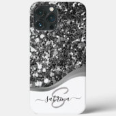 Classy Elegant Zwart Zilver Glitter Monogram Naam Case-Mate iPhone Case (Achterkant)