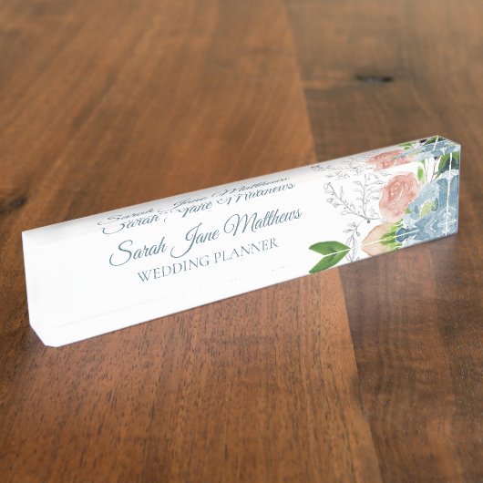 Classy elegante blush blauwe pioenen bruiloft plan naambordje (Zijkant)